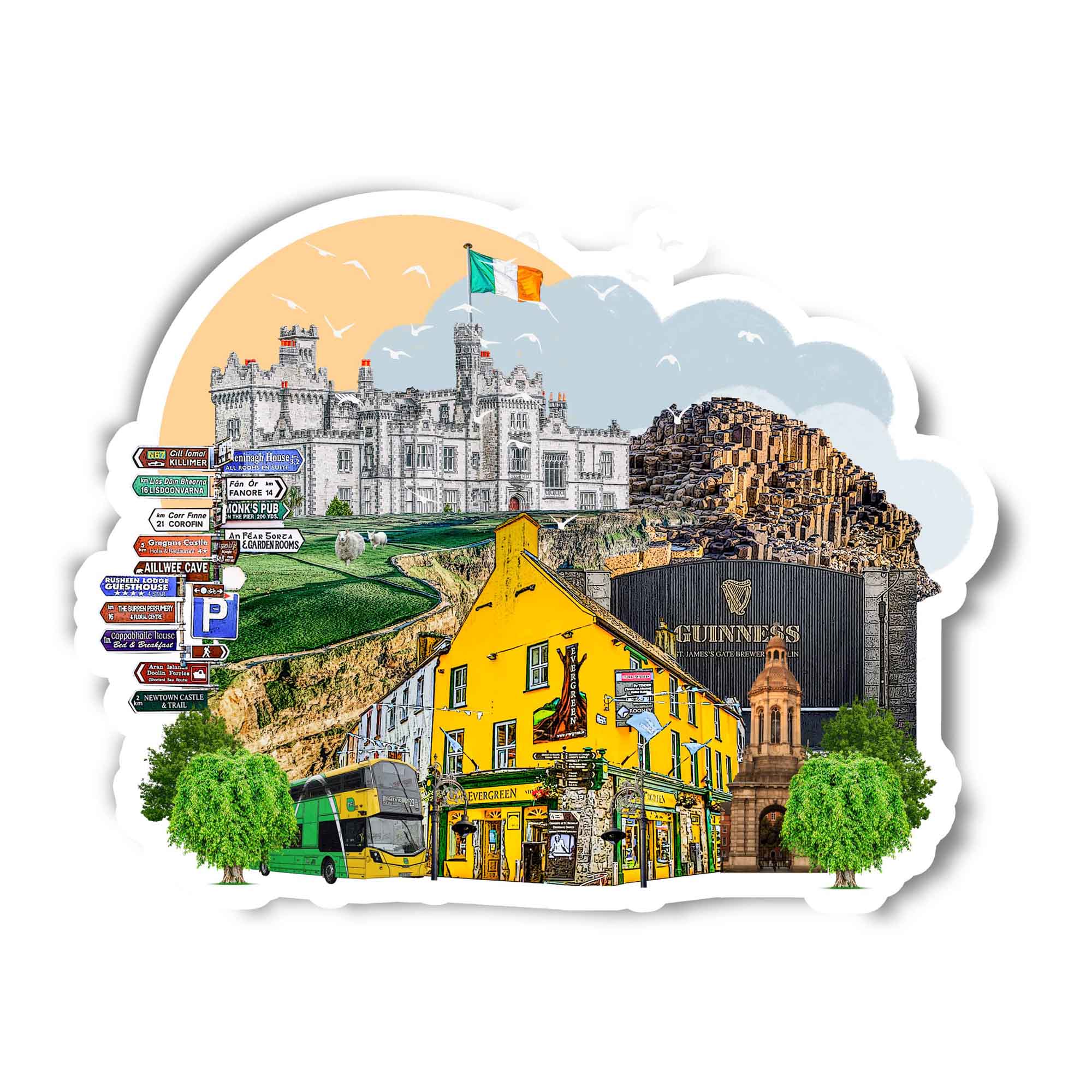 This Ireland travel sticker features the Cliffs of Moher, castle, vibrant city buildings, and the Guinness gate, illustrated from original travel photos