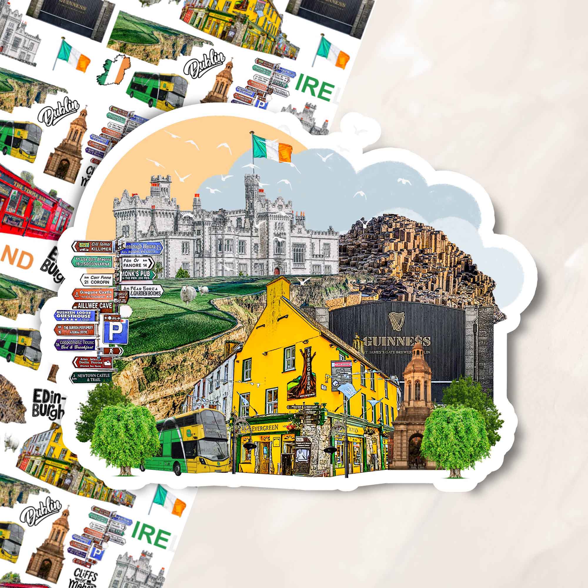 This Ireland travel sticker features the Cliffs of Moher, castle, vibrant city buildings, and the Guinness gate, illustrated from original travel photos