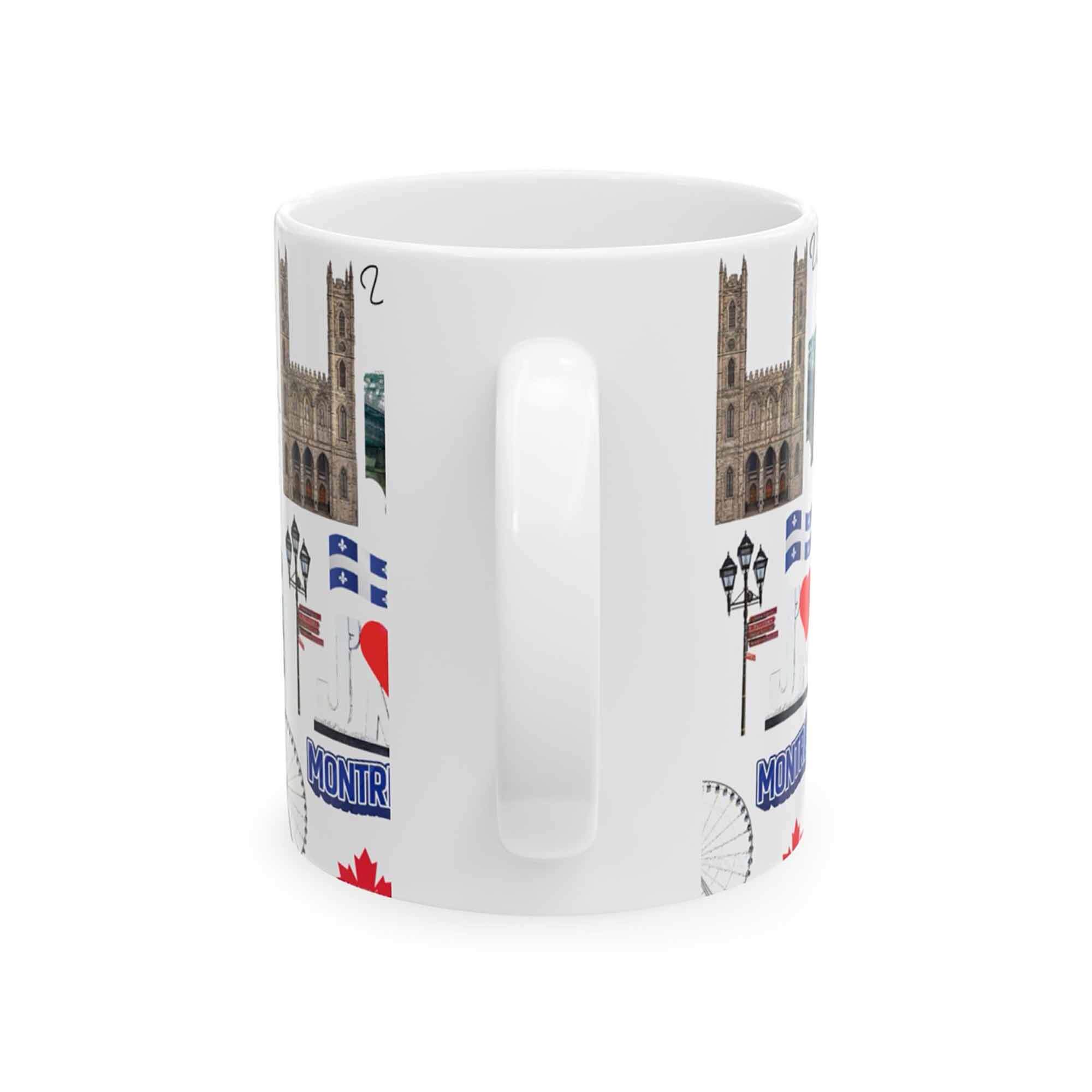 Montreal ceramic 11oz mug featuring repeating illustrated city landmarks