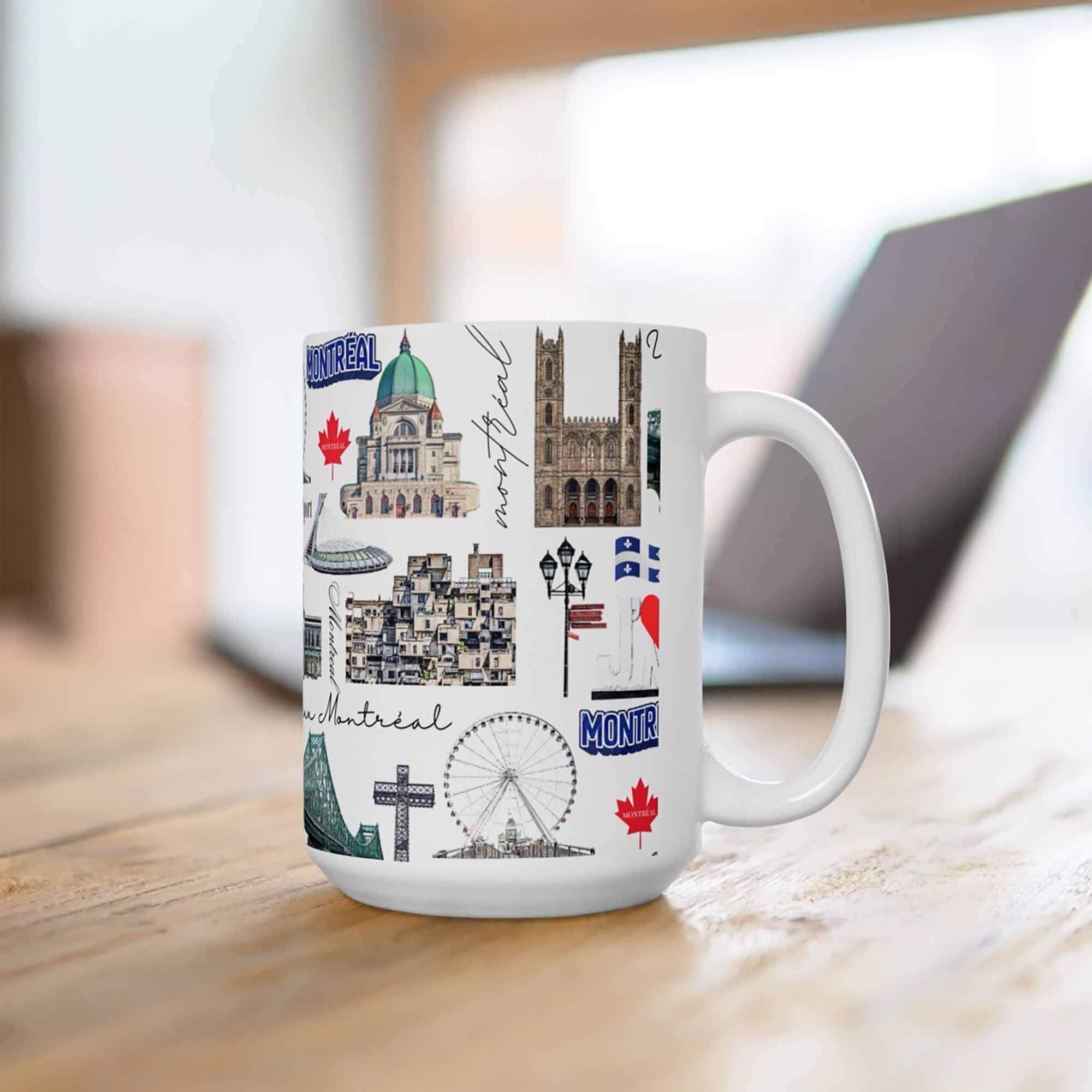 Montreal ceramic 15oz mug featuring repeating illustrated city landmarks