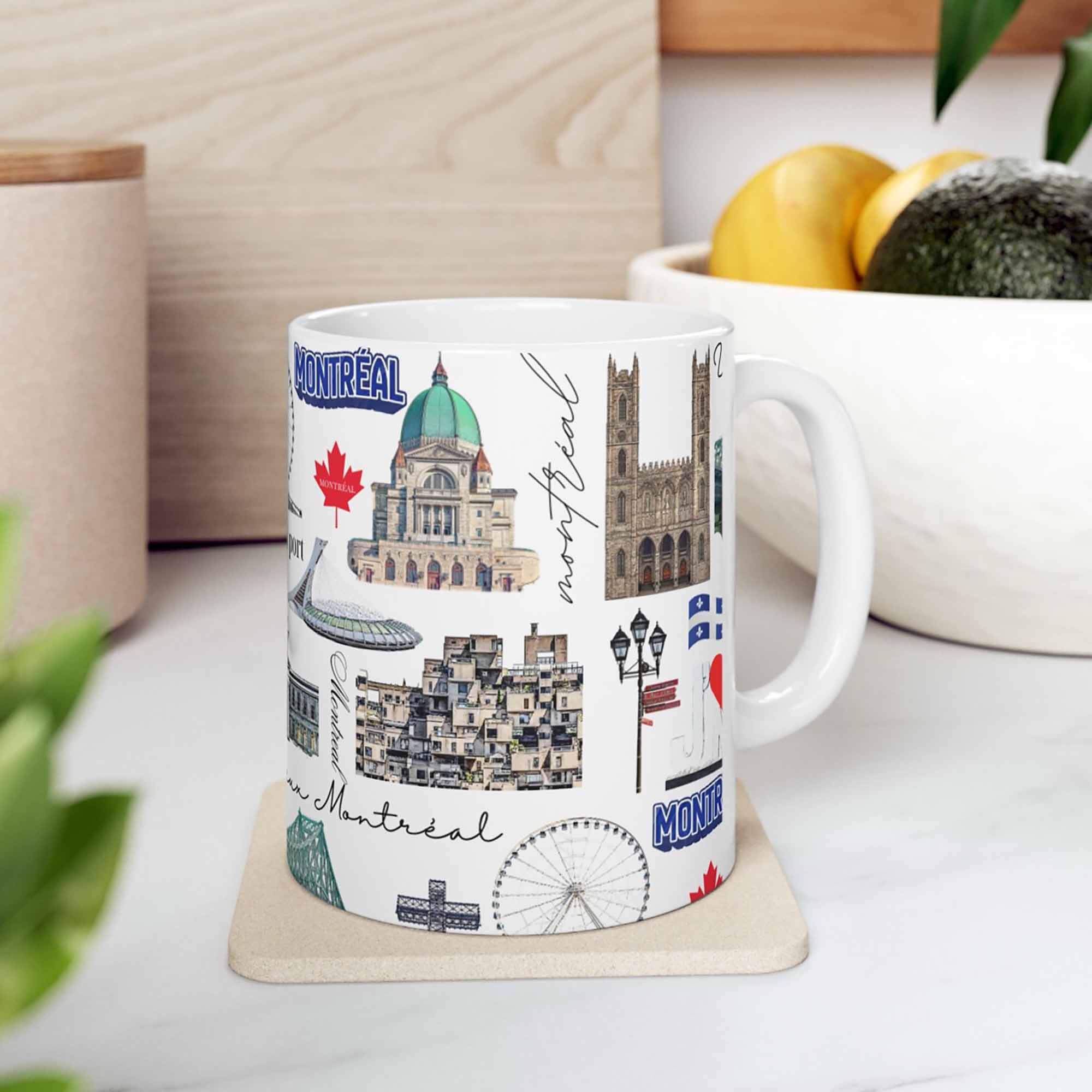 Montreal ceramic 11oz mug featuring repeating illustrated city landmarks