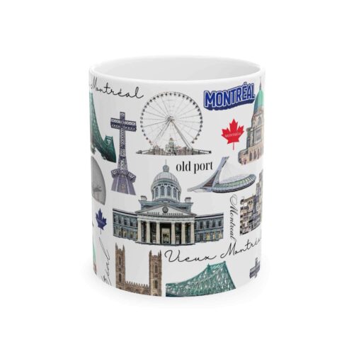 Montreal ceramic 11oz mug featuring repeating illustrated city landmarks