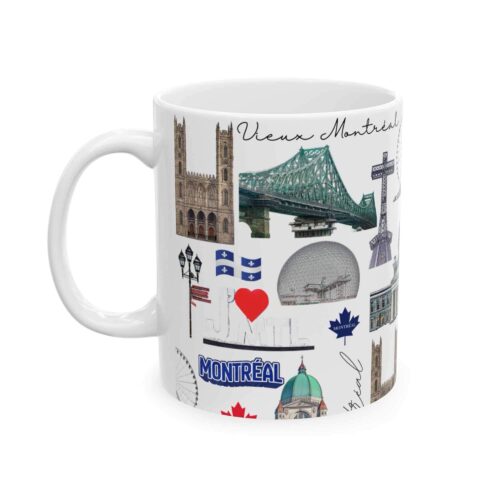 Montreal ceramic 11oz mug featuring repeating illustrated city landmarks