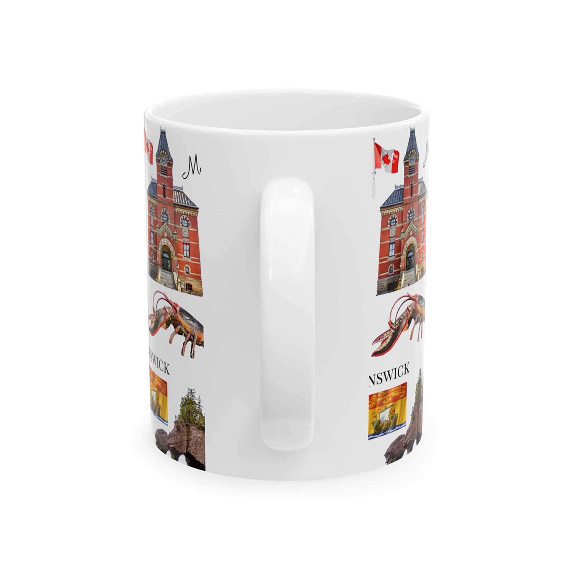 New Brunswick pattern 11 oz mug with repeating maritime landmark icons