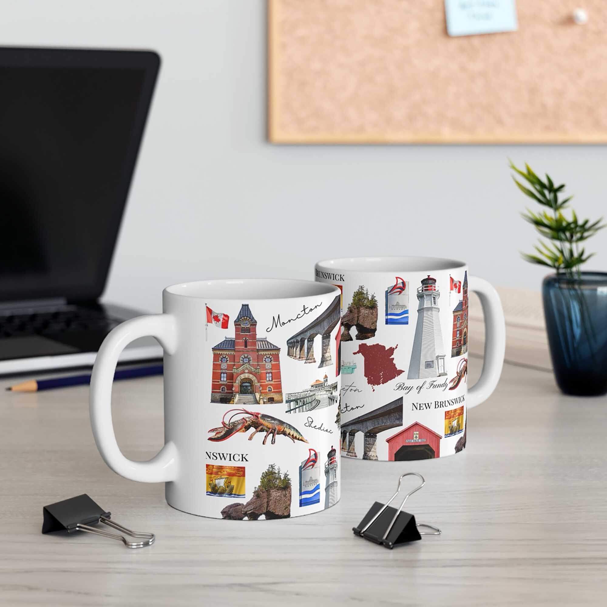 New Brunswick pattern 11 oz mug with repeating maritime landmark icons