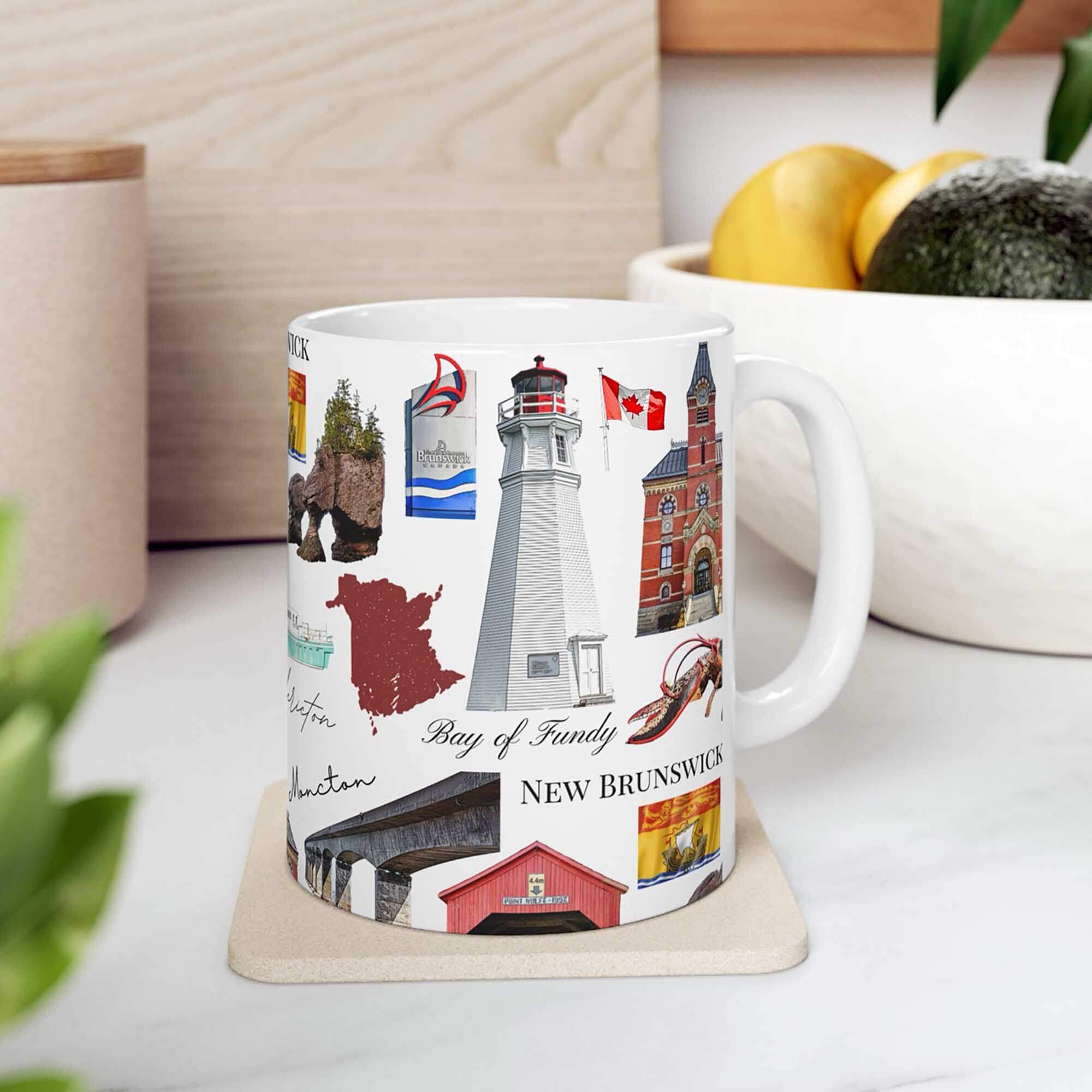 New Brunswick pattern 11 oz mug with repeating maritime landmark icons