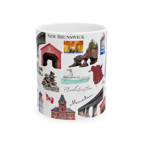 New Brunswick pattern 11 oz mug with repeating maritime landmark icons