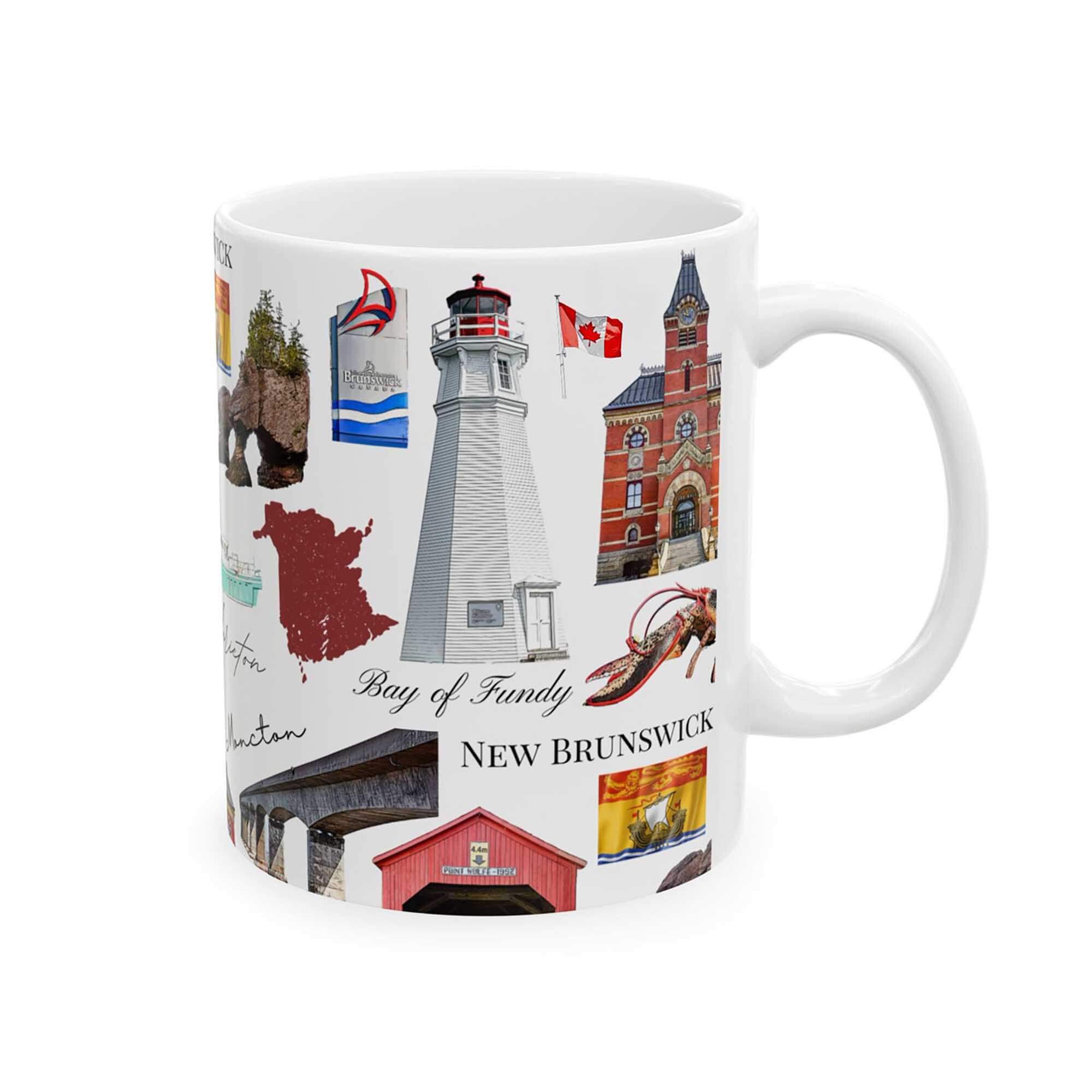 New Brunswick pattern 11 oz mug with repeating maritime landmark icons