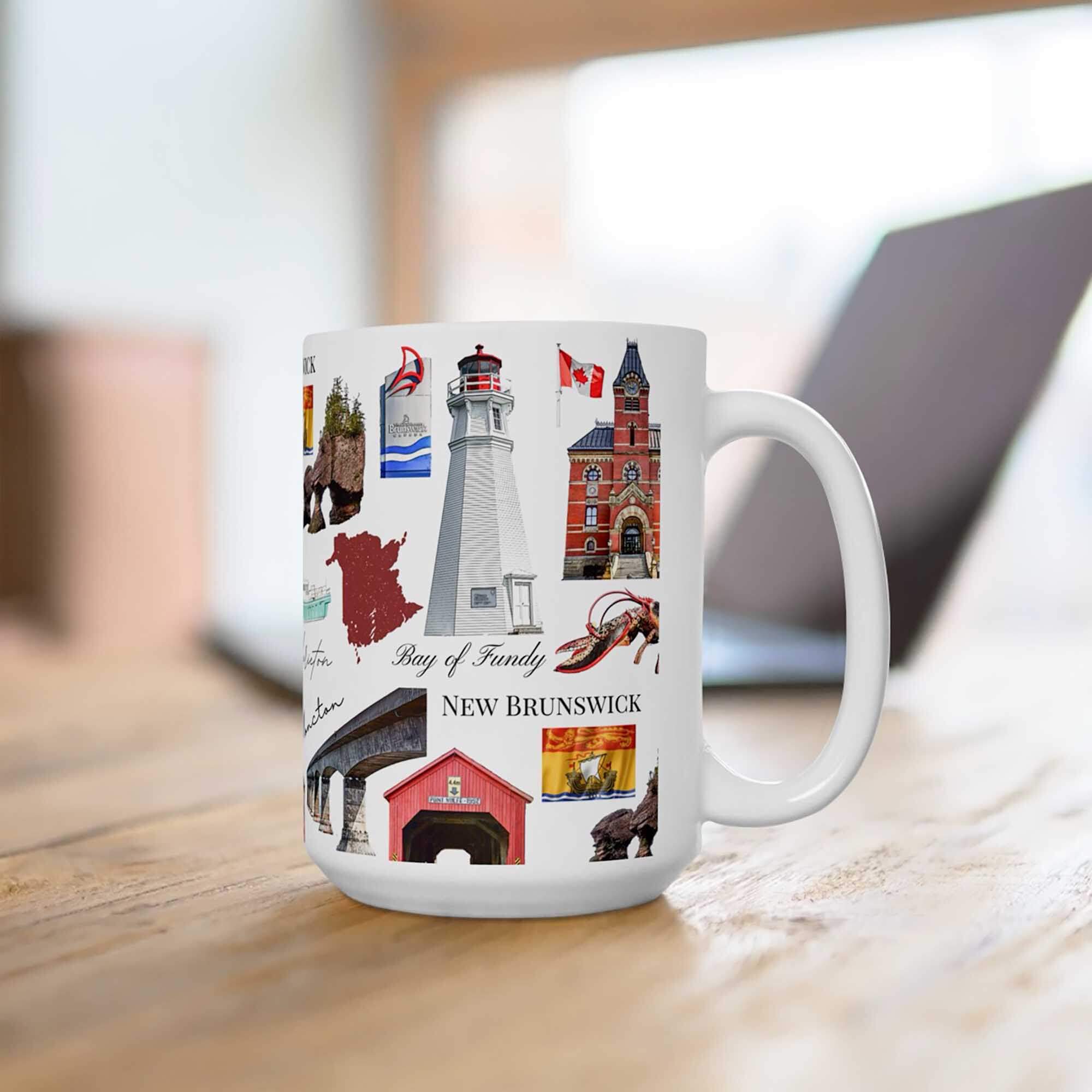 New Brunswick pattern 15 oz mug with repeating maritime landmark icons