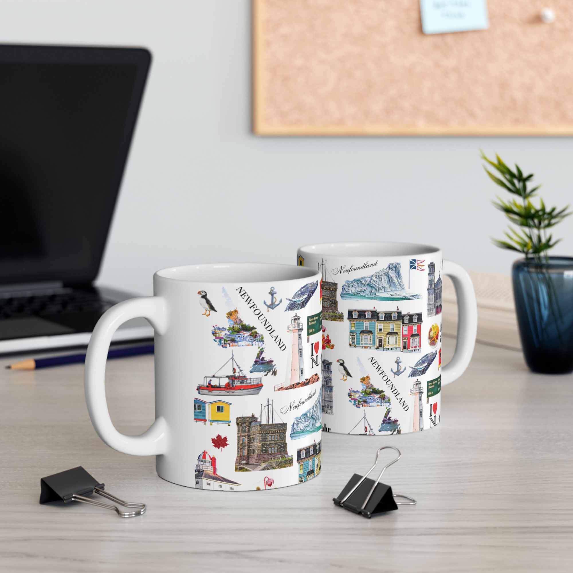 Two Newfoundland pattern 11oz mugs on table mockup