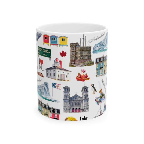 Newfoundland pattern 11oz mug with repeating coastal landmark icons