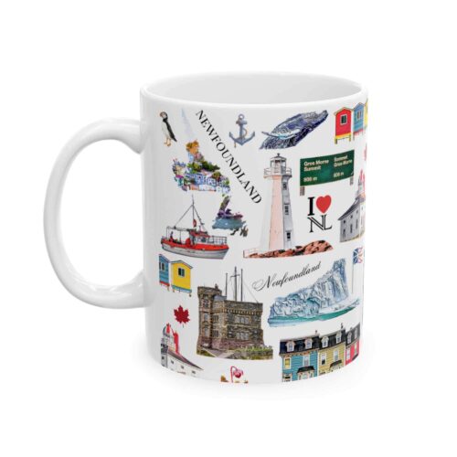Newfoundland pattern 11oz mug with repeating coastal landmark icons