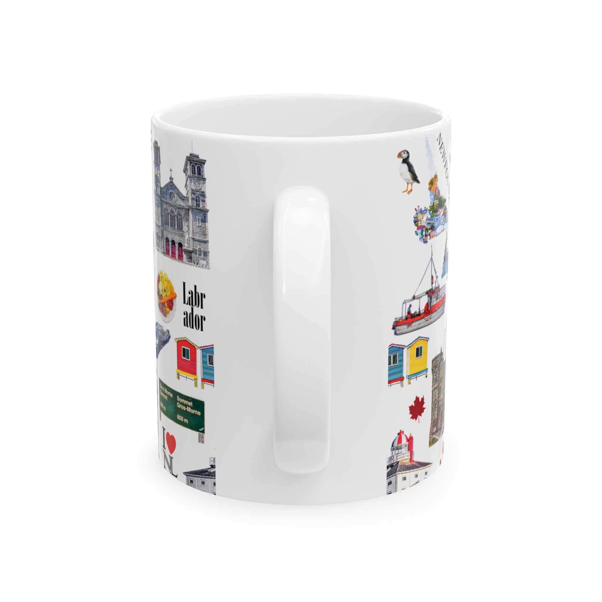 Newfoundland pattern 11oz mug with repeating coastal landmark icons-back of mug