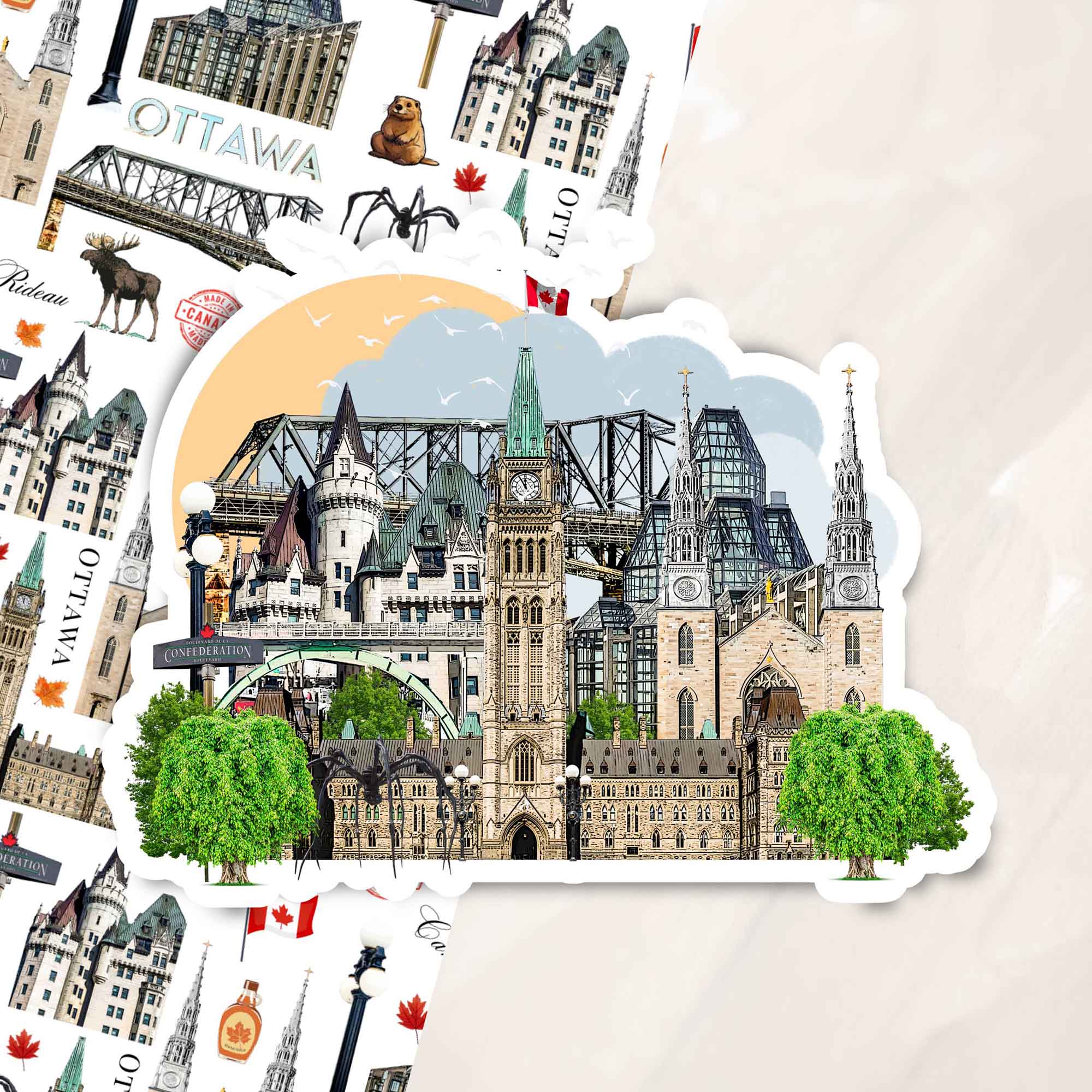 Ottawa travel sticker featuring Parliament Hill, Château Laurier, museums, bridges, and the spider sculpture, created from original travel photography on durable vinyl.