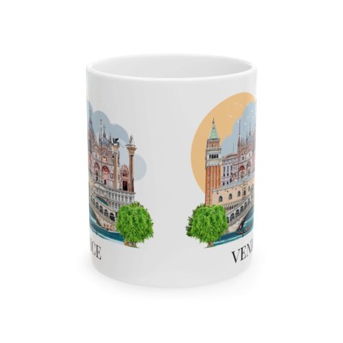 Venice landmark 11oz mug featuring an illustrated cityscape design
