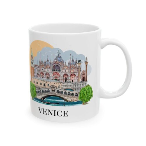 Venice landmark 11oz mug featuring an illustrated cityscape design