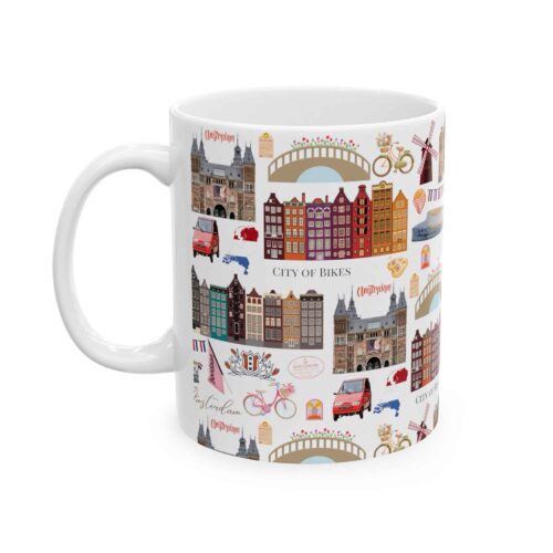 Amsterdam 11oz travel mug with canal landmark pattern
