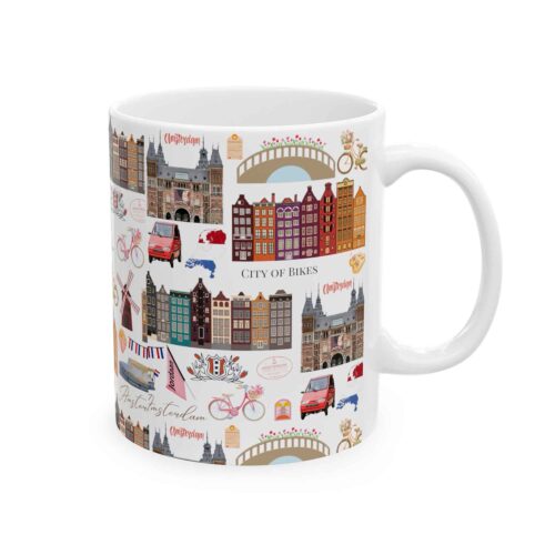 Amsterdam 11oz ceramic mug with repeating bike, tulip, and architecture design