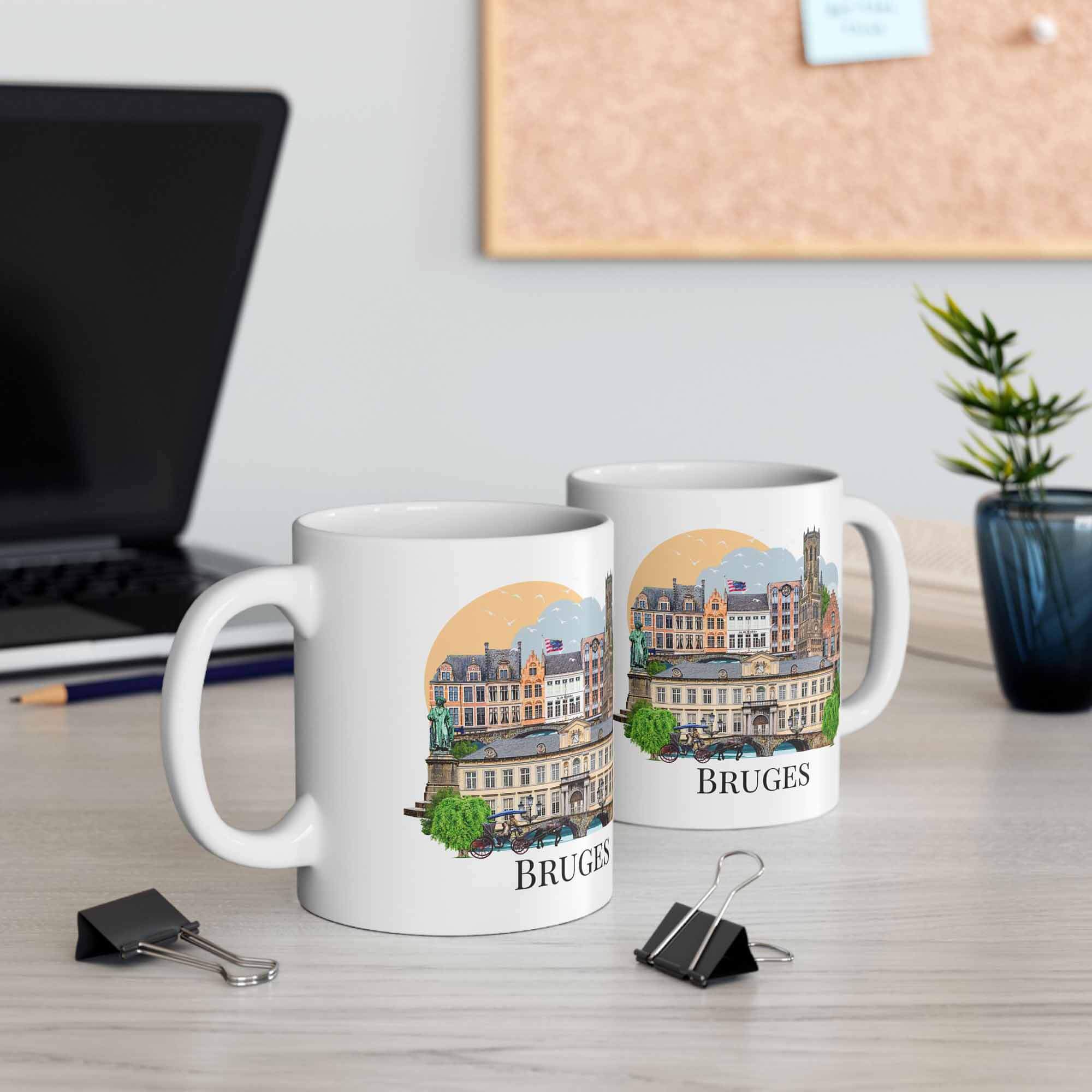 Bruges ceramic mug with illustrated Belfry Tower and canal bridges