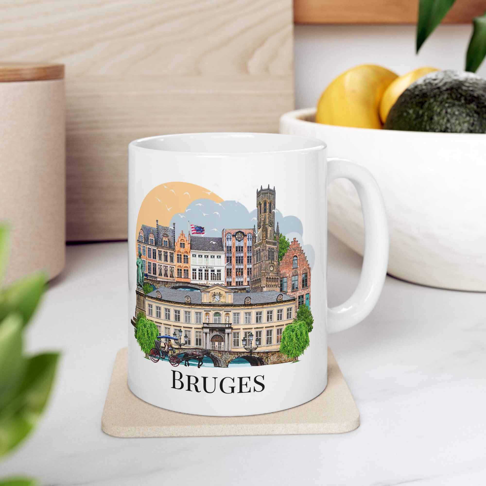Bruges 11oz landmark mug styled on table with bowl of fruit
