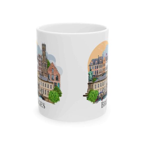 Bruges landmark mug wrap design with Belfry Tower and street lamps