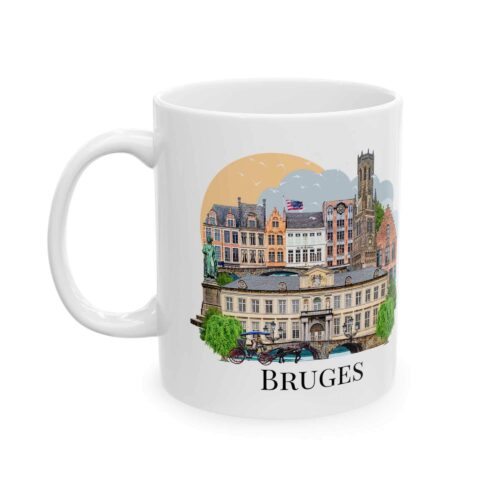 Bruges landmark mug wrap design with Belfry Tower and street lamps