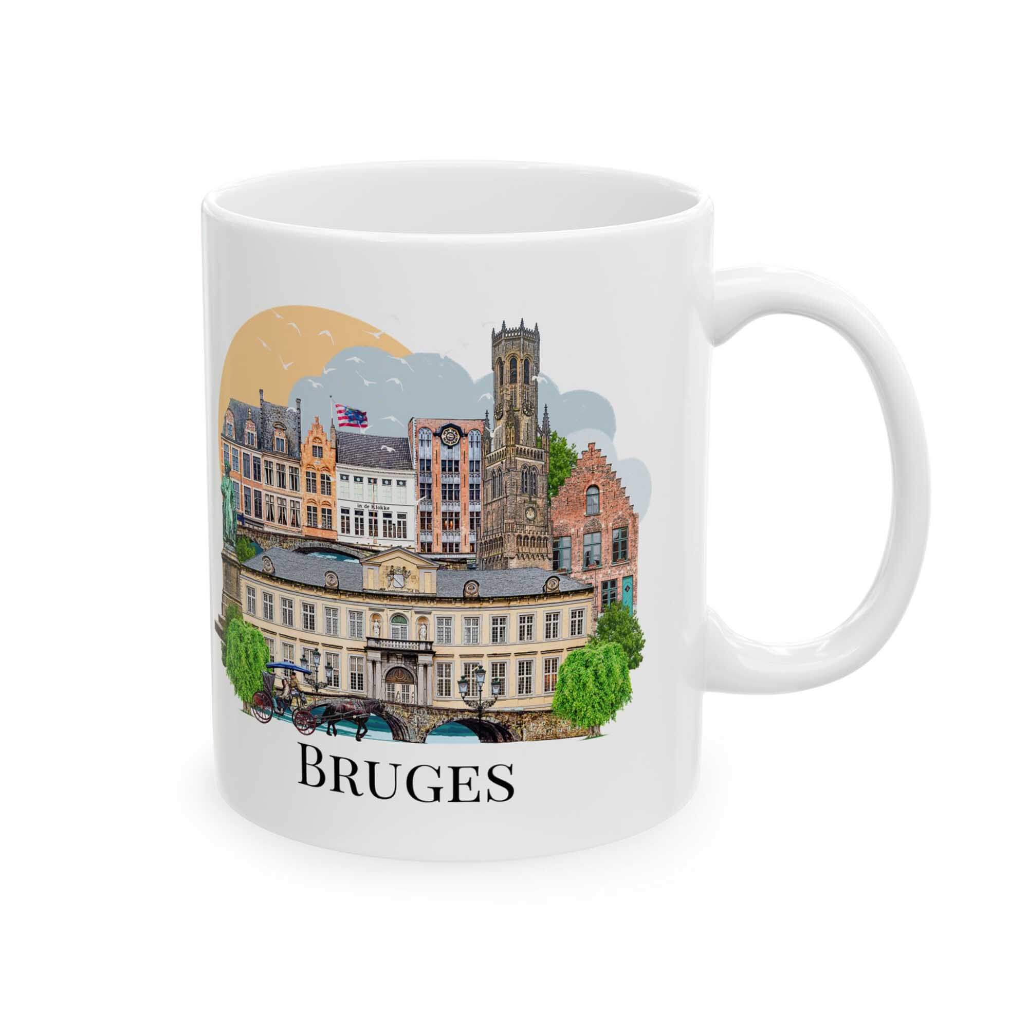 Bruges skyline mug with Town Hall and medieval square illustration