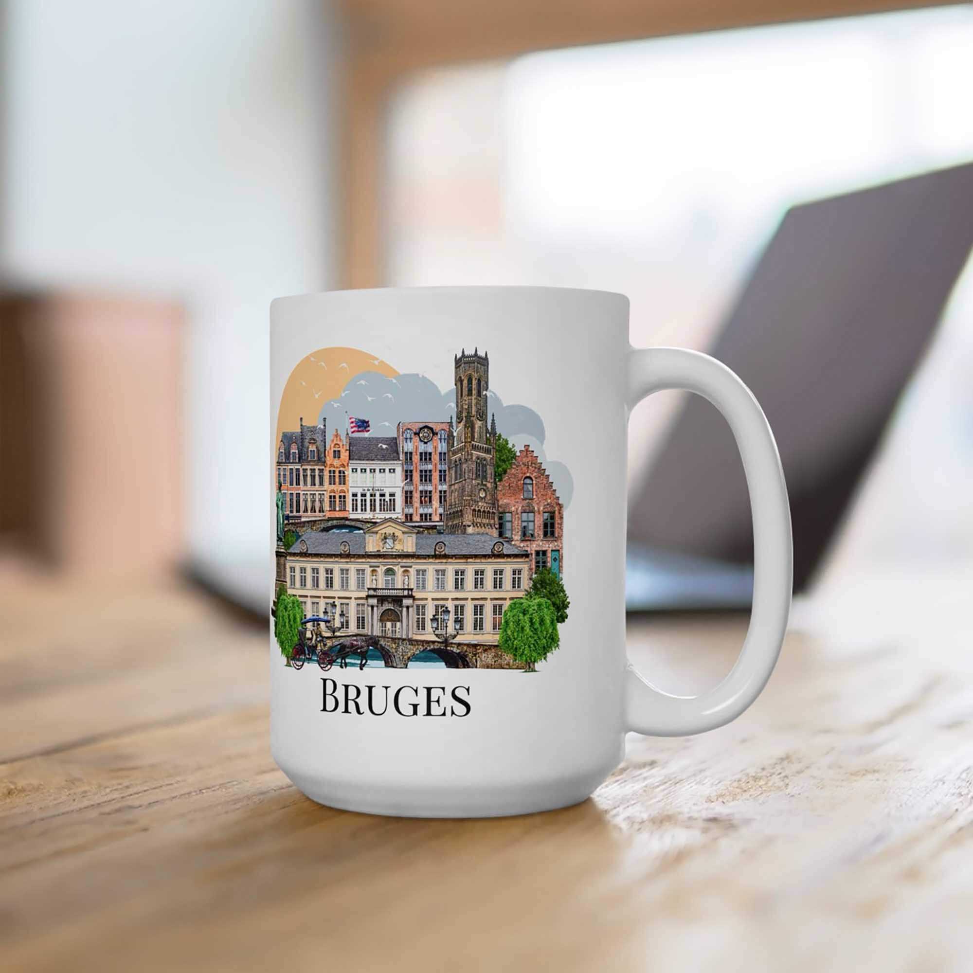 Bruges travel mug with horse and carriage and historic architecture