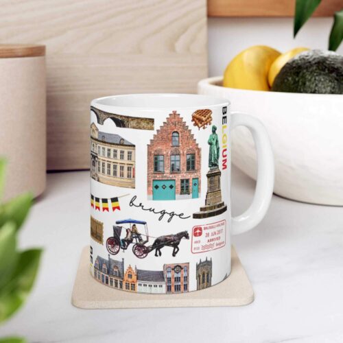 Bruges pattern mug with repeating Belfry Tower and medieval landmark icons
