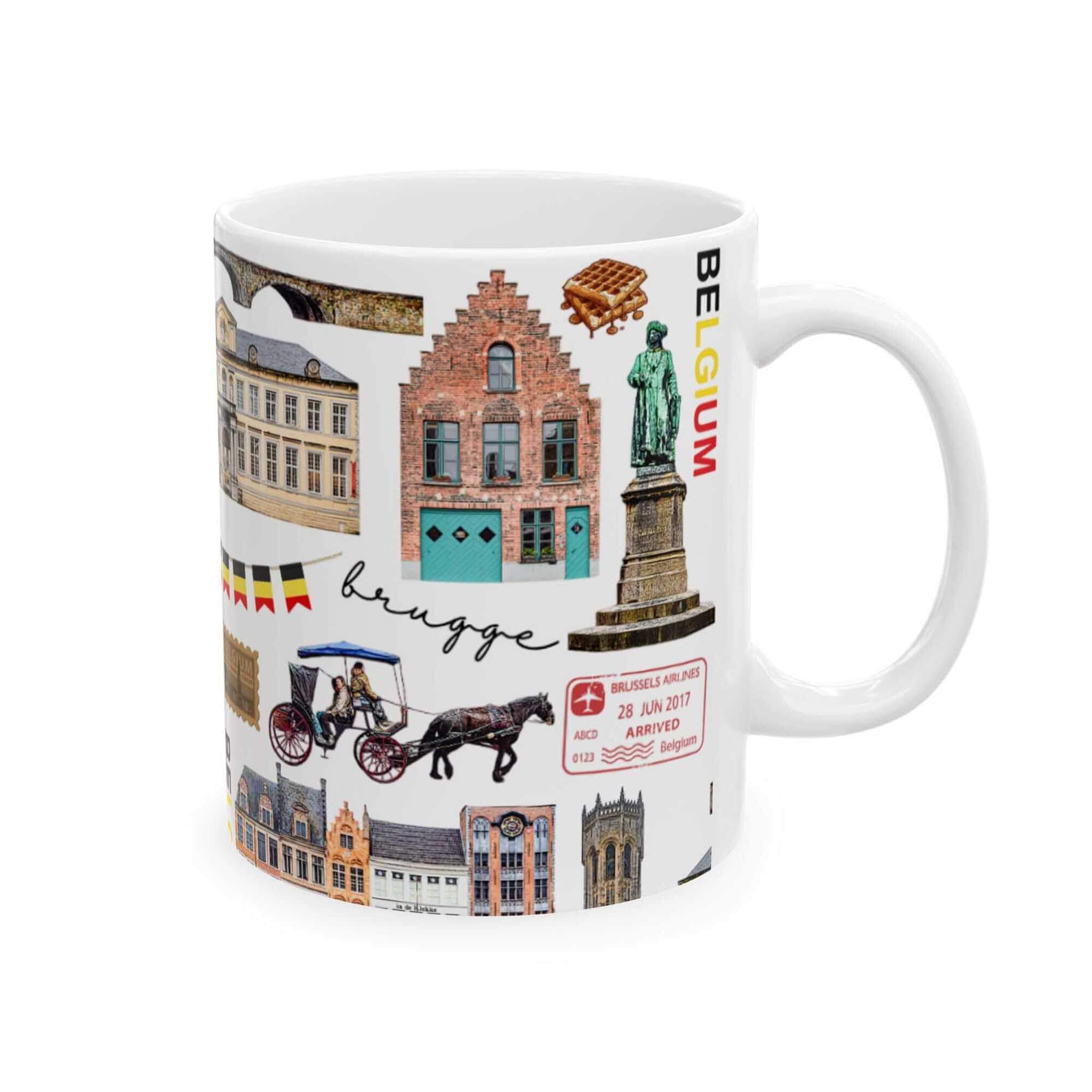 Bruges pattern mug with repeating Belfry Tower and medieval landmark icons
